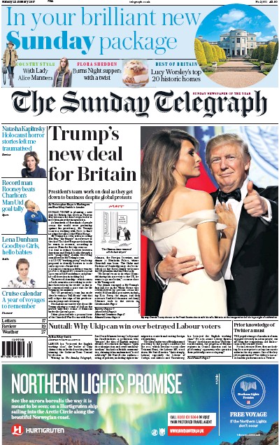 The Sunday Telegraph Newspaper Front Page for 22 January 2017