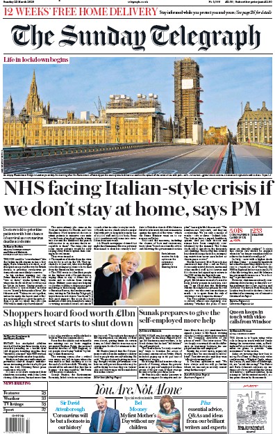 The Sunday Telegraph (UK) Newspaper Front Page for 22 March 2020
