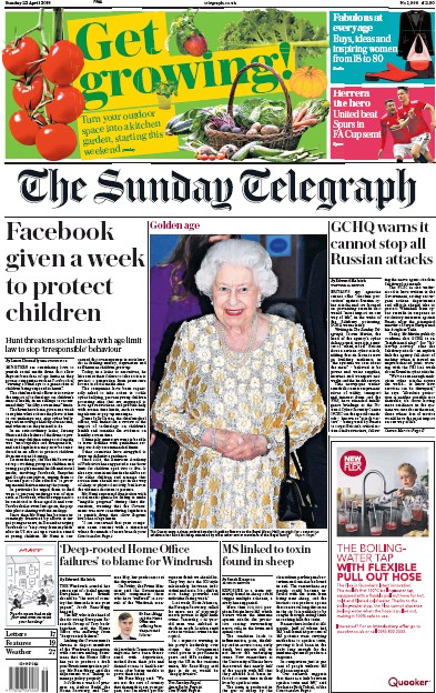 The Sunday Telegraph Newspaper Front Page for 22 April 2018