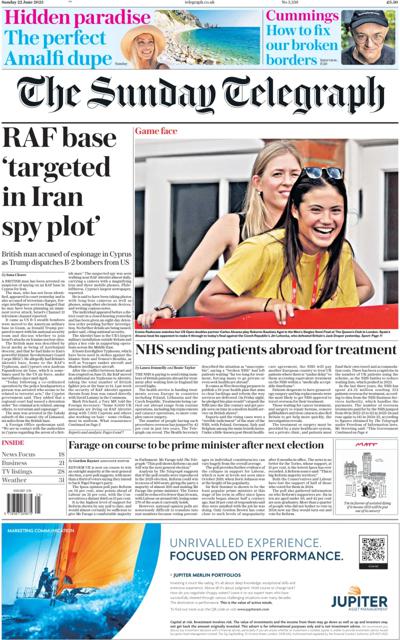 The Sunday Telegraph (UK) Newspaper Front Page for 22 June 2025