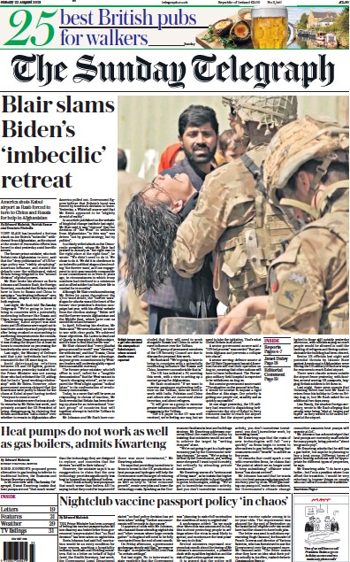 The Sunday Telegraph (UK) Newspaper Front Page for 22 August 2021