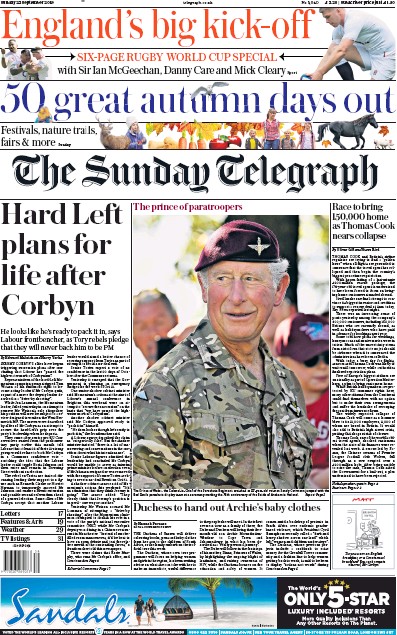 The Sunday Telegraph (UK) Newspaper Front Page for 22 September 2019