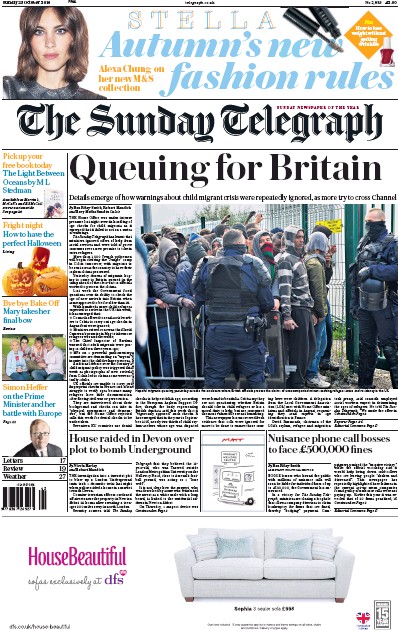 The Sunday Telegraph Newspaper Front Page for 23 October 2016