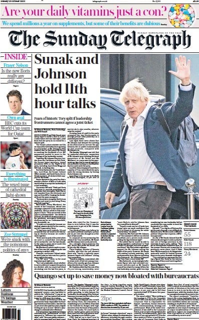 The Sunday Telegraph Newspaper Front Page for 23 October 2022