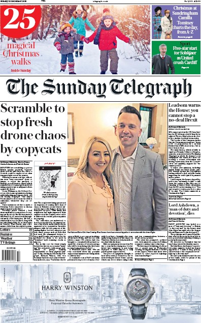 The Sunday Telegraph Newspaper Front Page for 23 December 2018