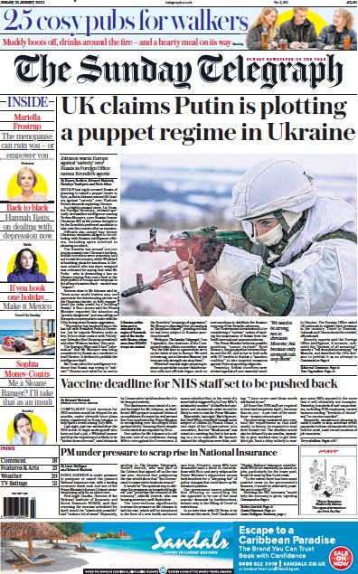 The Sunday Telegraph (UK) Newspaper Front Page for 23 January 2022