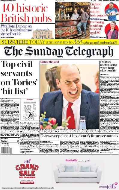 The Sunday Telegraph Newspaper Front Page for 23 February 2020