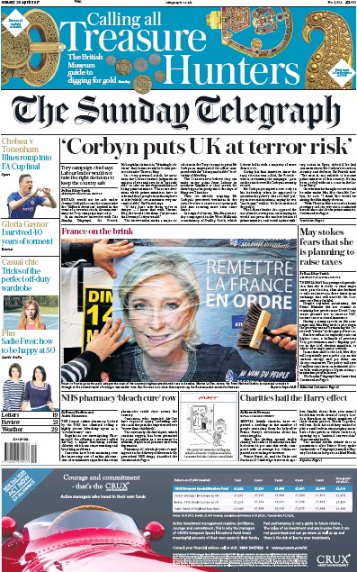 The Sunday Telegraph Newspaper Front Page for 23 April 2017