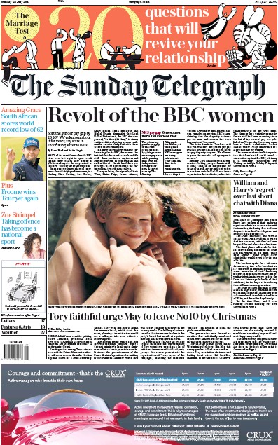The Sunday Telegraph Newspaper Front Page for 23 July 2017