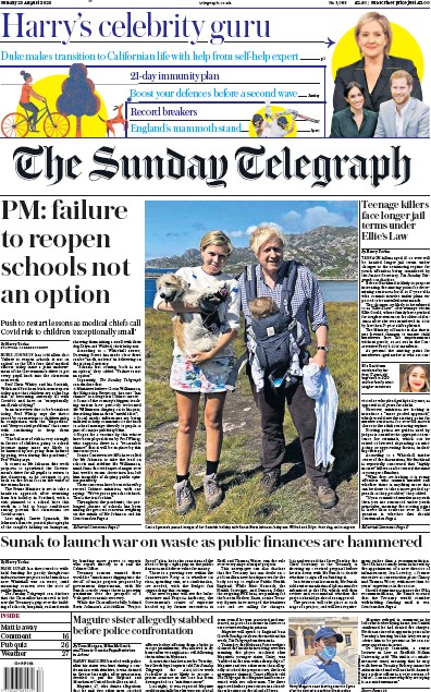 The Sunday Telegraph Newspaper Front Page for 23 August 2020