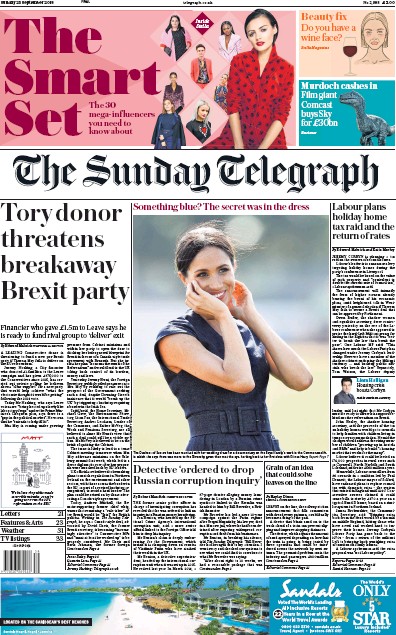 The Sunday Telegraph Newspaper Front Page for 23 September 2018