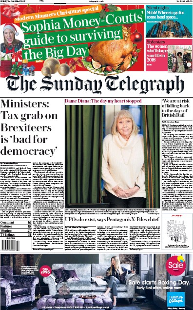 The Sunday Telegraph Newspaper Front Page for 24 December 2017
