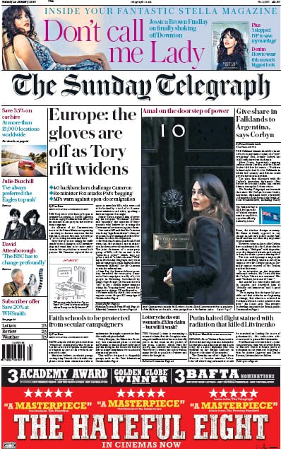 The Sunday Telegraph Newspaper Front Page for 24 January 2016