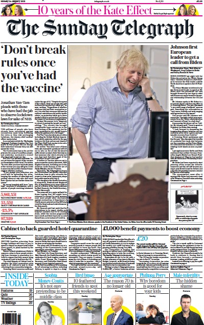 The Sunday Telegraph (UK) Newspaper Front Page for 24 January 2021