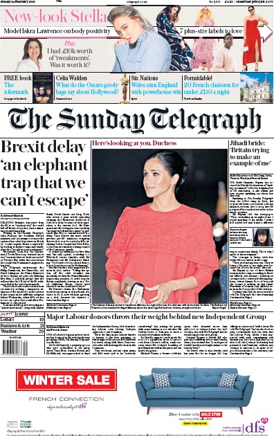 The Sunday Telegraph Newspaper Front Page for 24 February 2019