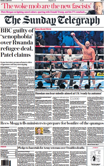 The Sunday Telegraph Newspaper Front Page for 24 April 2022