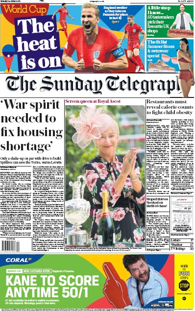 The Sunday Telegraph Newspaper Front Page for 24 June 2018