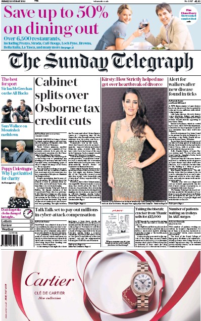 The Sunday Telegraph (UK) Newspaper Front Page for 25 October 2015