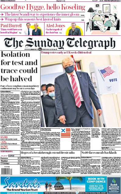 The Sunday Telegraph Newspaper Front Page for 25 October 2020