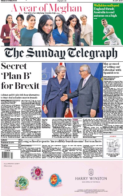 The Sunday Telegraph Newspaper Front Page for 25 November 2018