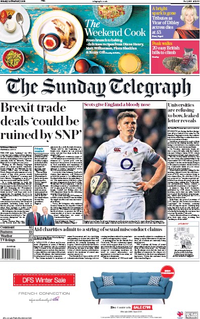 The Sunday Telegraph Newspaper Front Page for 25 February 2018