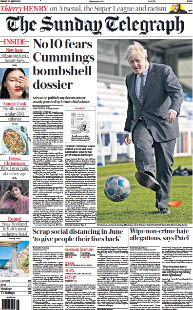 The Sunday Telegraph (UK) Newspaper Front Page for 25 April 2021