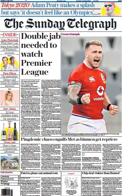 The Sunday Telegraph (UK) Newspaper Front Page for 25 July 2021