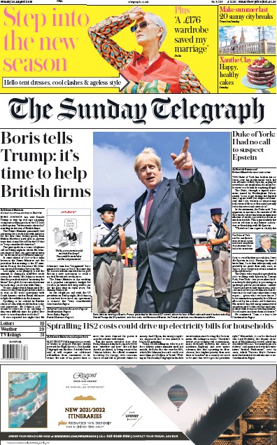 The Sunday Telegraph Newspaper Front Page for 25 August 2019