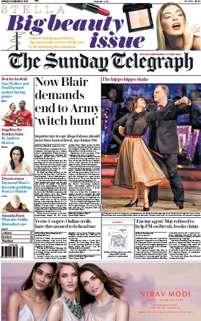 The Sunday Telegraph Newspaper Front Page for 25 September 2016