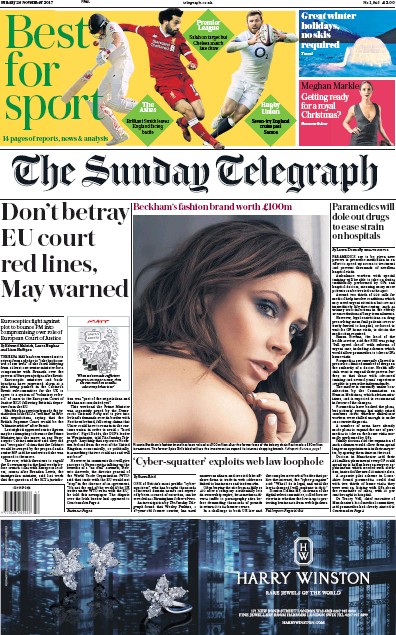 The Sunday Telegraph (UK) Newspaper Front Page for 26 November 2017