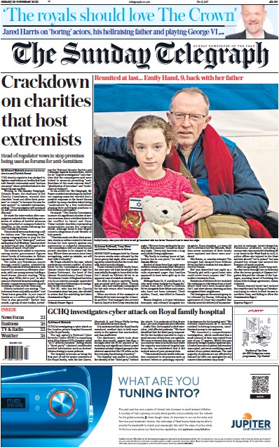 The Sunday Telegraph (UK) Newspaper Front Page for 26 November 2023