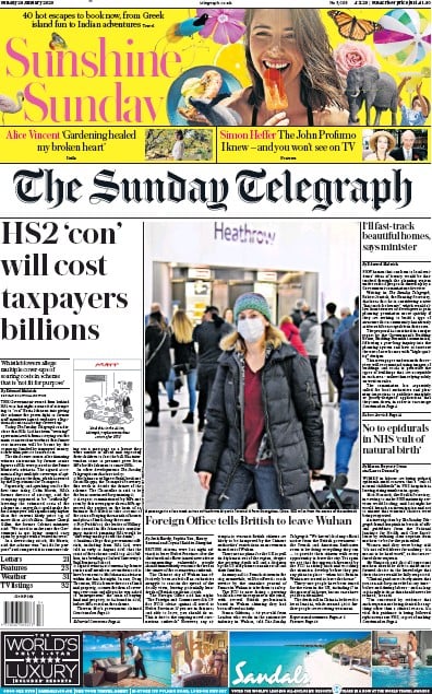 The Sunday Telegraph Newspaper Front Page for 26 January 2020