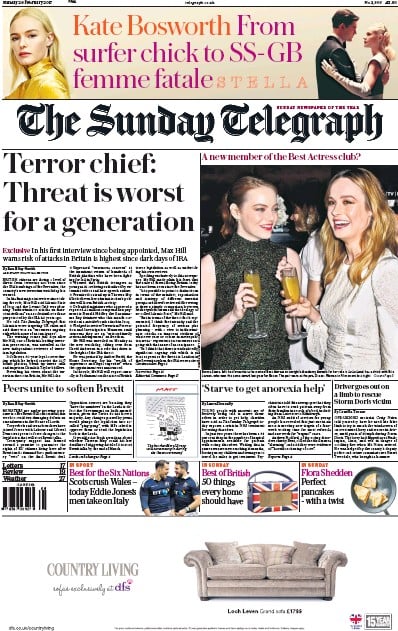 The Sunday Telegraph Newspaper Front Page for 26 February 2017