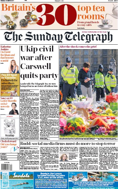 The Sunday Telegraph (UK) Newspaper Front Page for 26 March 2017