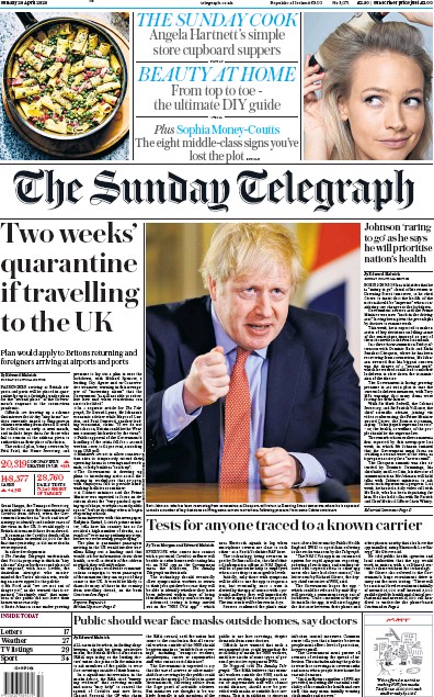The Sunday Telegraph (UK) Newspaper Front Page for 26 April 2020