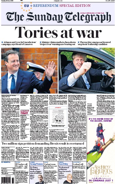 The Sunday Telegraph Newspaper Front Page for 26 June 2016
