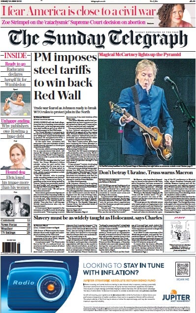The Sunday Telegraph (UK) Newspaper Front Page for 26 June 2022