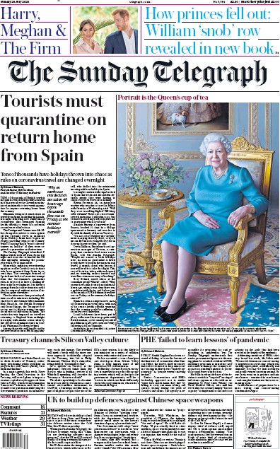 The Sunday Telegraph Newspaper Front Page for 26 July 2020