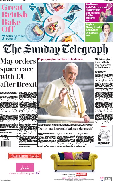 The Sunday Telegraph Newspaper Front Page for 26 August 2018