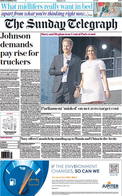 The Sunday Telegraph (UK) Newspaper Front Page for 26 September 2021