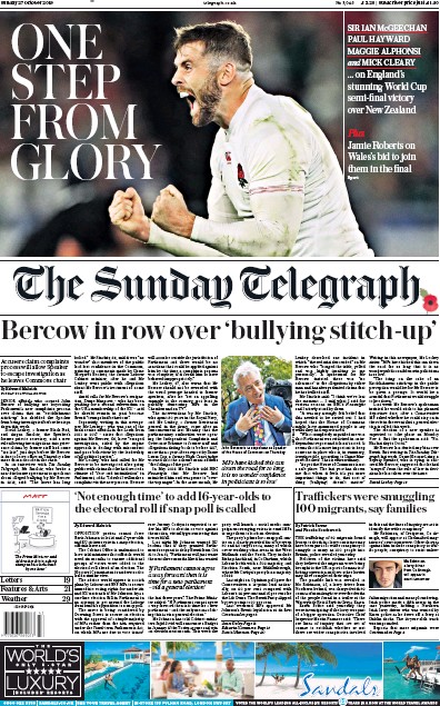 The Sunday Telegraph (UK) Newspaper Front Page for 27 October 2019