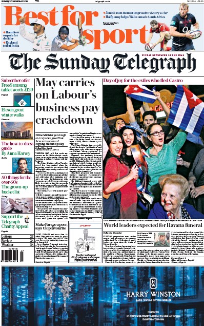 The Sunday Telegraph Newspaper Front Page for 27 November 2016