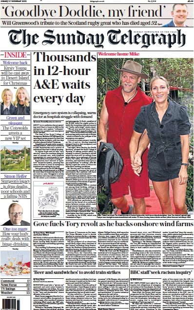 The Sunday Telegraph (UK) Newspaper Front Page for 27 November 2022