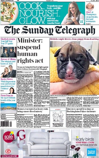 The Sunday Telegraph Newspaper Front Page for 27 December 2015