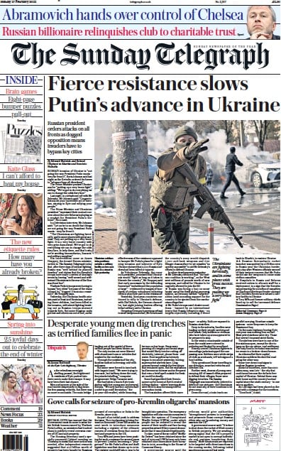 The Sunday Telegraph Newspaper Front Page for 27 February 2022