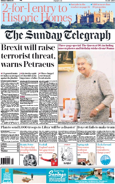 The Sunday Telegraph (UK) Newspaper Front Page for 27 March 2016
