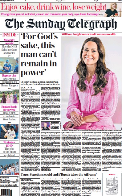 The Sunday Telegraph Newspaper Front Page for 27 March 2022