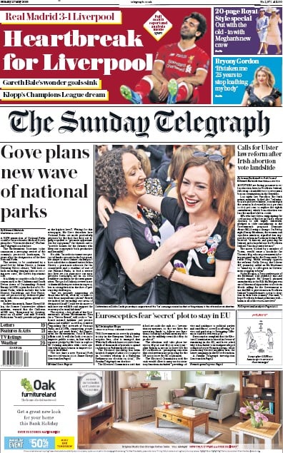 The Sunday Telegraph Newspaper Front Page for 27 May 2018