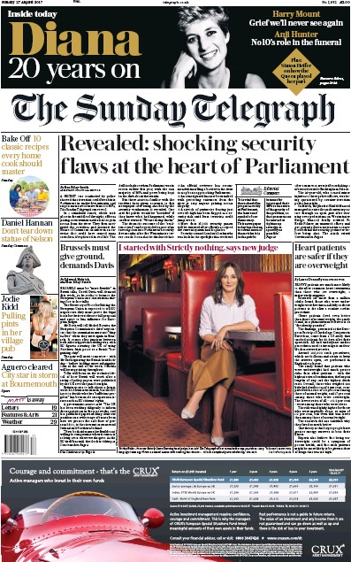 The Sunday Telegraph (UK) Newspaper Front Page for 27 August 2017