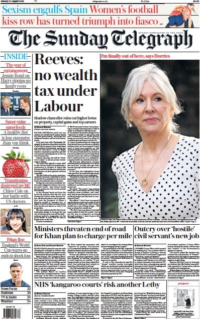The Sunday Telegraph (UK) Newspaper Front Page for 27 August 2023